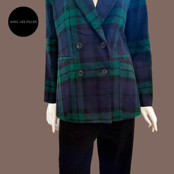 AVEC LES FILLES NEW Preppy Plaid Velour Collar Double Breast Jacket M - Picture 4 of 11